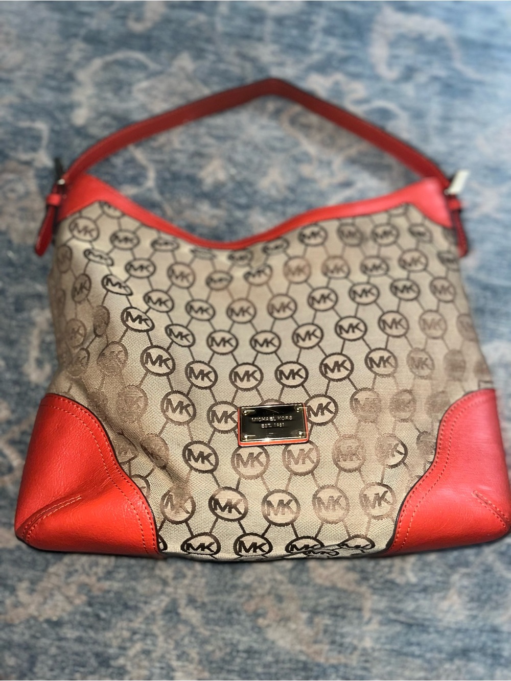 Michael Kors Beige MK Monogram Shoulder Bag with Red Trim